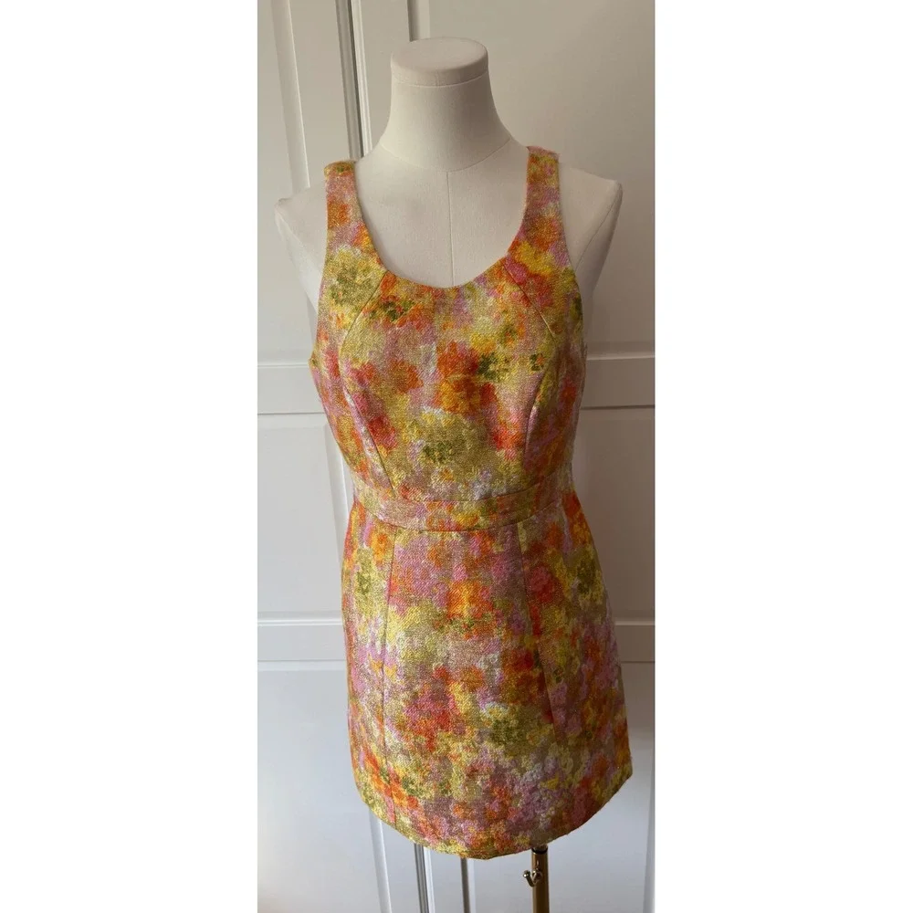 Free People Gold Brocade Metallic Floral Jacquard Mini Dress Sleeveless Back Zip